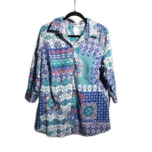 Chicos No Iron Button Up Top Hippie Boho Funky Retro Geometric Shirt Sz M Cotton